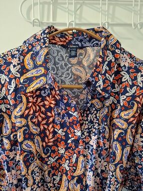 Chaps 100% Cotton Navy Paisley Tie-waist Flutter-hem Shirt Dress (Size XL)